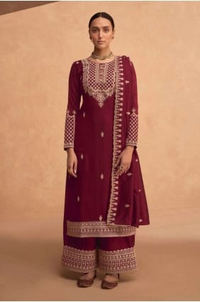 Costume patiala rouge en georgette avec broderies PZ3639