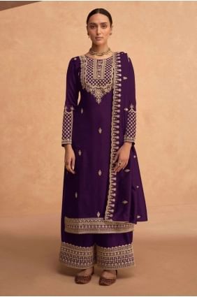 Costume patiala violet en georgette avec broderies PZ3641