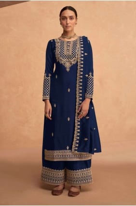 costume palazzo brodé en georgette bleue PZ3643