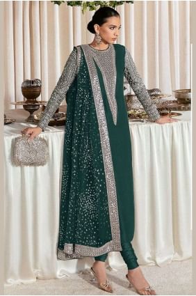 costume anarkali en georgette verte avec broderies AS3650