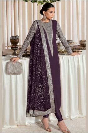 costume anarkali brodé en georgette violet avec dupatta AS3651