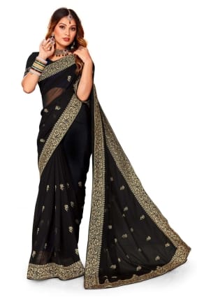 georgette party wear saree avec fil, broderie, bordure en dentelle en noir SR24786