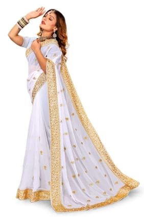 georgette blanche tenue de soirée saree avec fil, broderie, bordure en dentelle SR24787