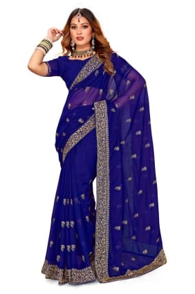 fil, brodé, bordure en dentelle georgette party wear sari en bleu marine SR24788