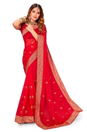 tenue de soirée saree en georgette rouge avec fil, broderie, bordure en dentelle SR24789