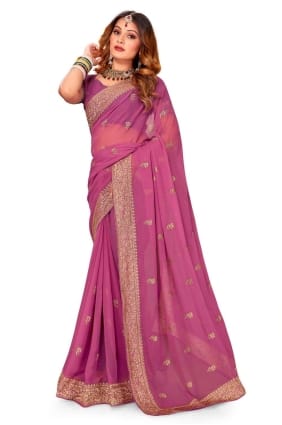 fil, brodé, bordure en dentelle georgette party wear sari en gajari poussiéreux avec chemisier SR24790