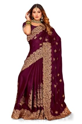 sari de mariage vin avec zari, brodé, satin à bordure en dentelle SR24826