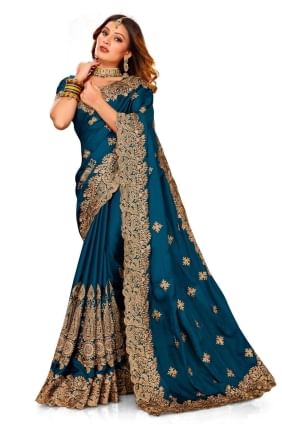 zari, brodé, sari de mariage morpeach en satin avec bordure en dentelle avec chemisier SR24829