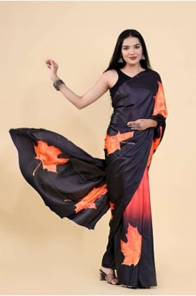 sari en soie orange, noire avec impression numérique SR24865