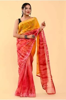 sari en coton orange, rose avec patch, fil, brodé SR24895