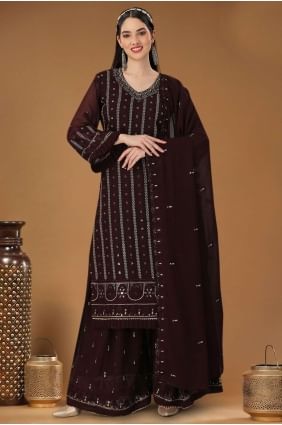 costume brodé en georgette lehenga marron foncé LS048