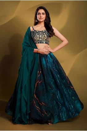 Fête Organza Lehenga Choli en sarcelle avec paillettes LC7049