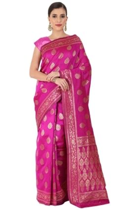 sari en soie rose vif avec tissage SR24964