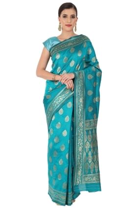 tissage de soie turquoise sari avec chemisier SR24965