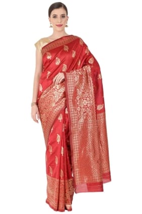 sari de soie rouge avec tissage SR24966