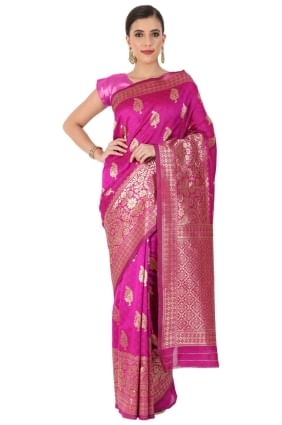 sari en soie rose vif avec tissage SR24969