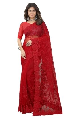 sari de mariage en filet rouge avec broderie SR25022