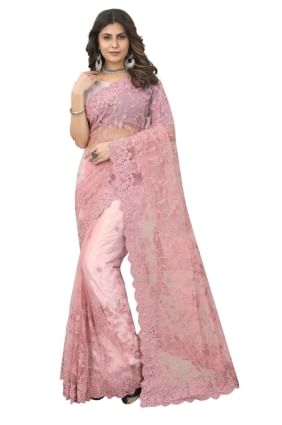 sari de mariage rose poussiéreux en filet brodé avec chemisier SR25023