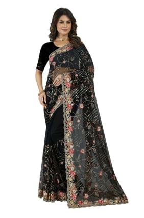 sari de mariage en filet brodé noir avec chemisier SR25031