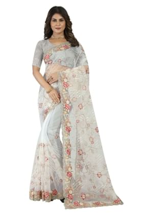 sari de mariage blanc en filet brodé avec chemisier SR25032