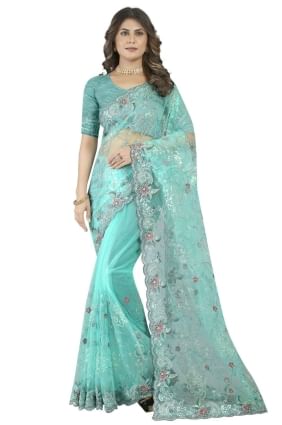 sari de mariage ciel poussiéreux en filet brodé SR25037