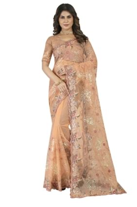 sari de mariage pêche poussiéreux brodé en filet avec chemisier SR25039