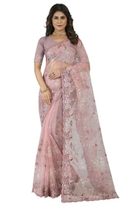 sari de mariage en filet brodé en rose poussiéreux avec chemisier SR25040