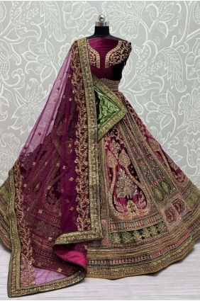 velours brodé violet mariée lehenga choli avec dupatta LC7139