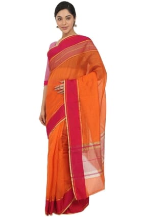 sari en soie orange avec tissage SR25193
