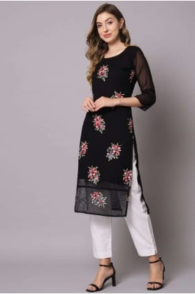 Kurti droit noir en georgette avec broderie KTI2098