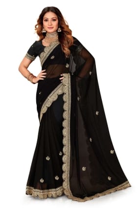 sari en georgette brodée en noir avec chemisier SR25214