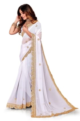 sari en georgette brodée blanche SR25215