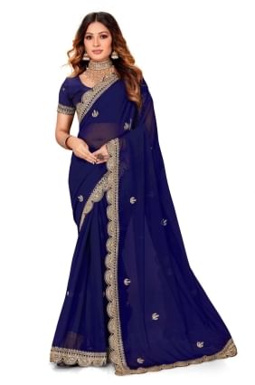sari bleu marine avec georgette brodée SR25220