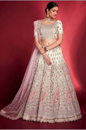 Blanc filet souple lehenga choli avec fil LC7160