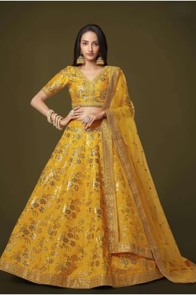lehenga choli de mariage jaune en soie brodé LC7173