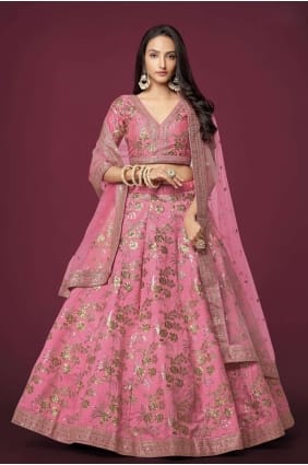 soie brodée rose mariage lehenga choli avec dupatta LC7174