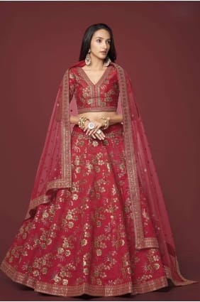 choli lehenga de mariage brodé en soie rouge LC7177