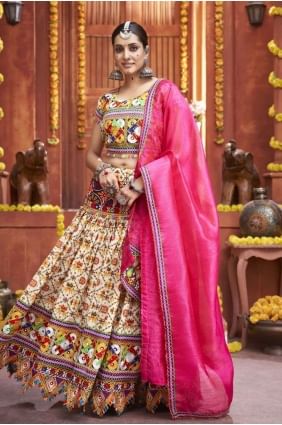 Navratri Lehenga Choli crème en coton miroir LC7188