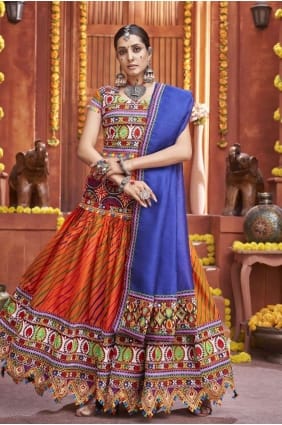 Navratri Lehenga Choli orange en coton miroir LC7190