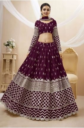 georgette Diwali lehenga choli avec brodé en vin LC7197