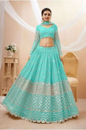 Diwali lehenga choli en georgette bleu ciel avec broderie LC7202