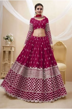 rose vif Diwali lehenga choli en georgette avec broderie LC7203
