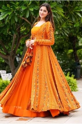 Costume palazzo à imprimé numérique en georgette orange vif avec dupatta PZ3711