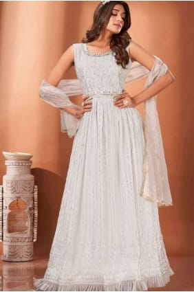 robe robe en georgette miroir en blanc avec dupatta GW0646