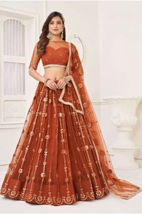 choli lehenga de mariage brodé marron foncé en filet LC7288
