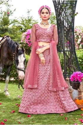 filet brodé de mariage lehenga choli en rose avec dupatta LC7301