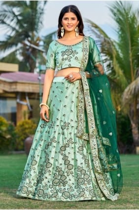 mariage brodé lehenga choli en satin vert LC7303