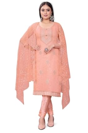 Chanderi salwar kameez brodé pêche SK153653