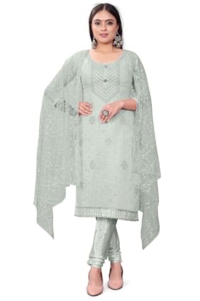 salwar kameez gris brodé en chanderi SK153655