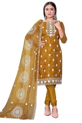 salwar kameez brodé en chanderi moutarde SK153656